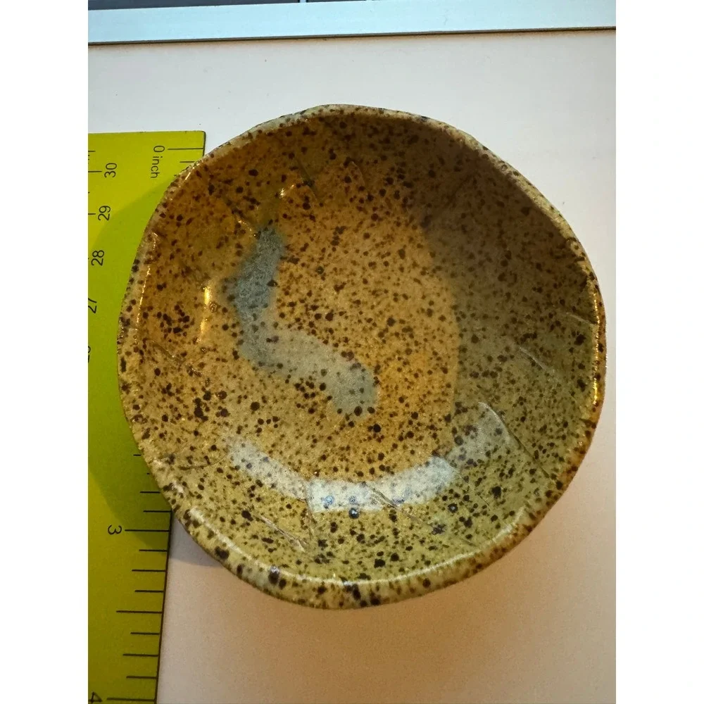 Handmade Studio Pottery Speckled Tan Small Bowl Artisan Ceramic Blue Drip 3